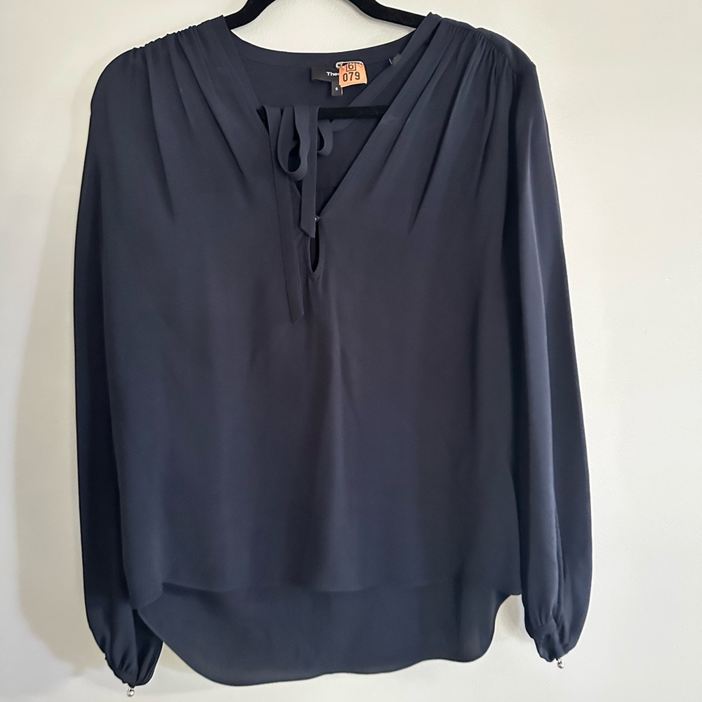 THEORY Navy Tie Peasant Blouse